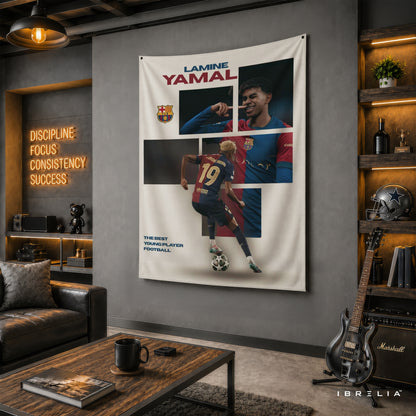Lamine Yamal FC Barcelona Collage Wall Tapestry | Premium Heavyweight Jute Fabric Wall Hanging
