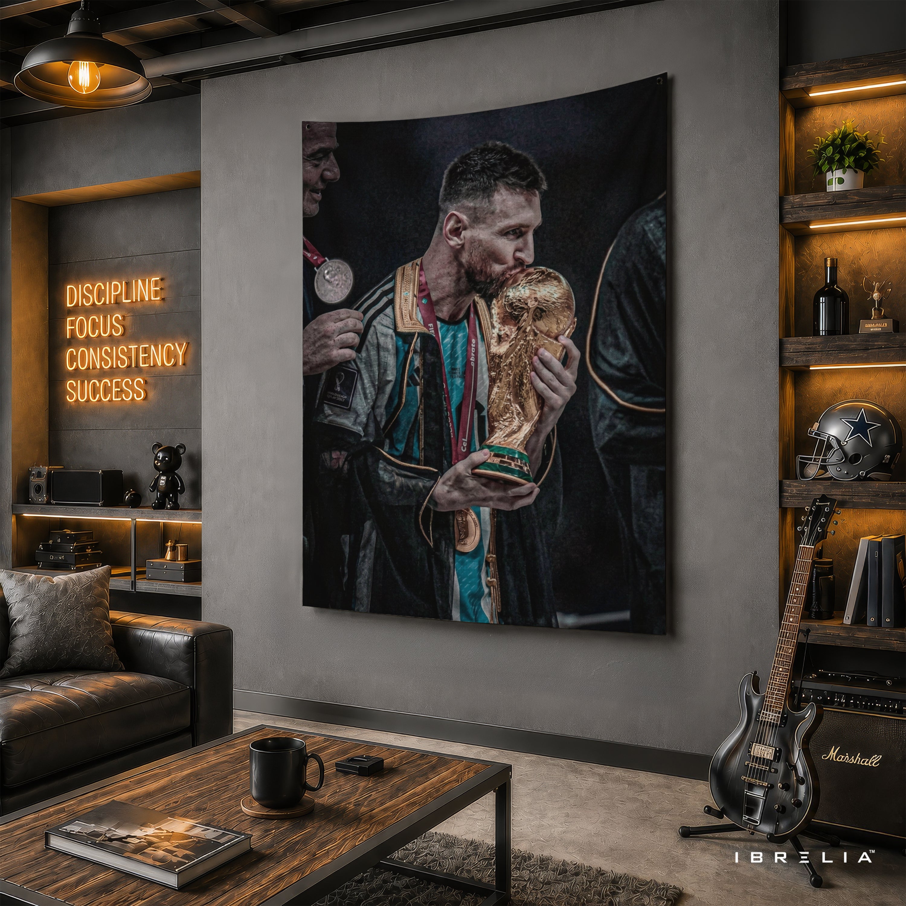 Lionel Messi World Cup Kiss Wall Tapestry | Premium Heavyweight Jute Fabric Wall Hanging