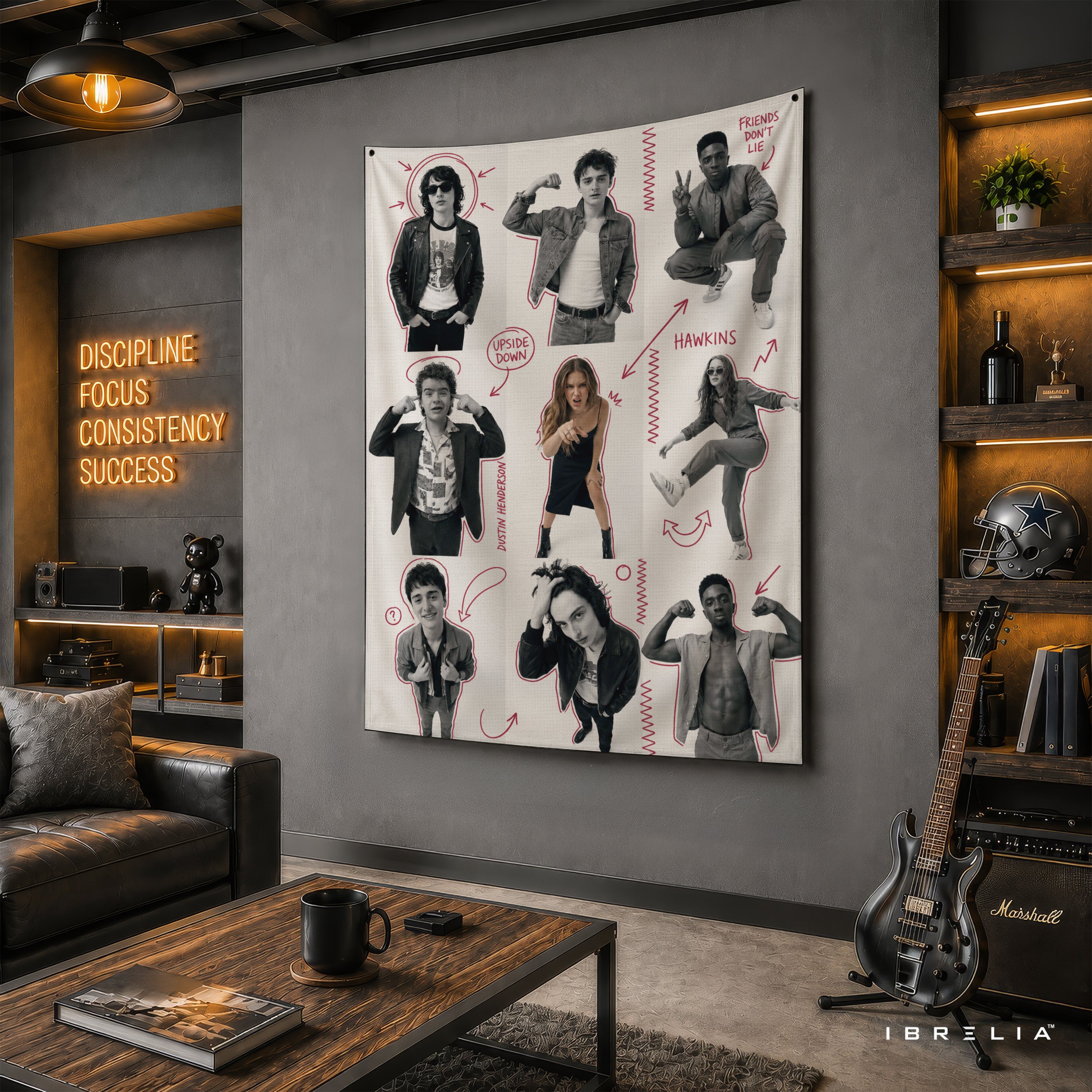 Stranger Things Character Sketch Wall Tapestry – Retro Hawkins Collage Wall Hanging