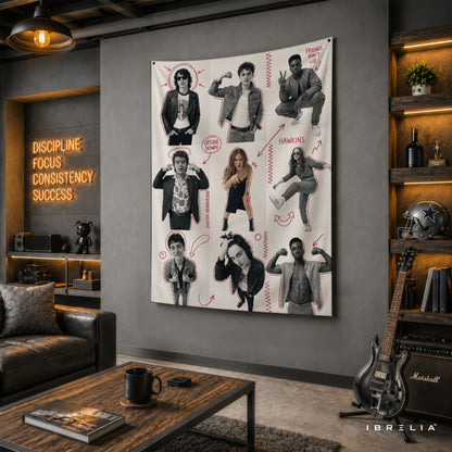 Stranger Things Character Sketch Wall Tapestry – Retro Hawkins Collage Wall Hanging