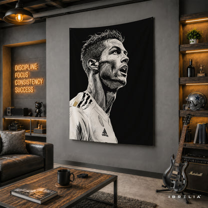 Cristiano Ronaldo Monochrome Wall Tapestry | Premium Heavyweight Jute Fabric Wall Hanging
