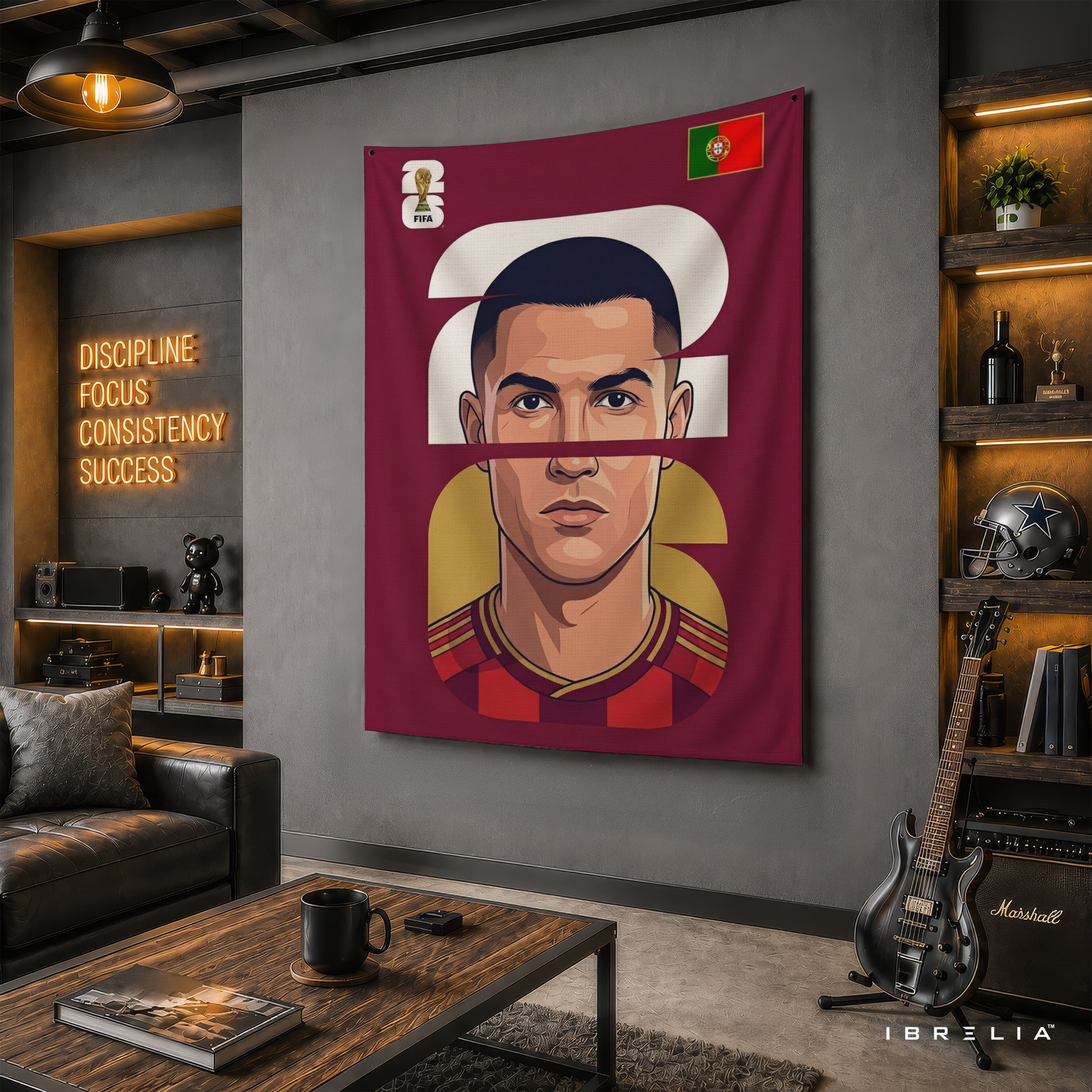 Cristiano Ronaldo Portugal Minimal Portrait Wall Tapestry | Premium Heavyweight Jute Fabric Wall Hanging