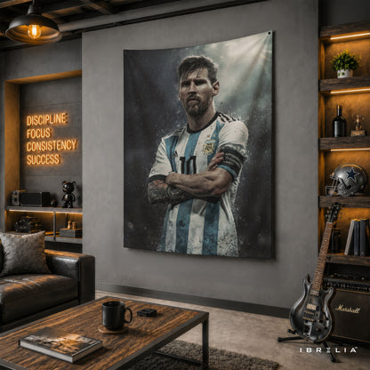 Lionel Messi Argentina Captain Wall Tapestry | Premium Heavyweight Jute Fabric Wall Hanging