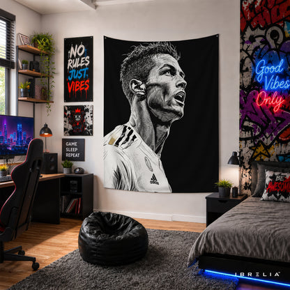 Cristiano Ronaldo Monochrome Wall Tapestry | Premium Heavyweight Jute Fabric Wall Hanging
