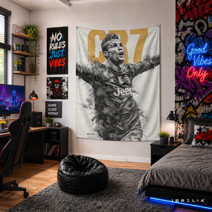 Cristiano Ronaldo CR7 Juventus Wall Tapestry | Premium Heavyweight Jute Fabric Wall Hanging