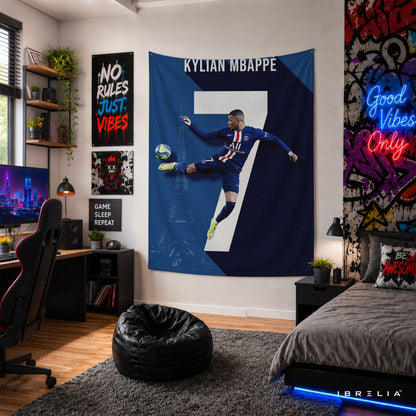 Kylian Mbappé Number 7 PSG Wall Tapestry | Premium Heavyweight Jute Fabric Wall Hanging