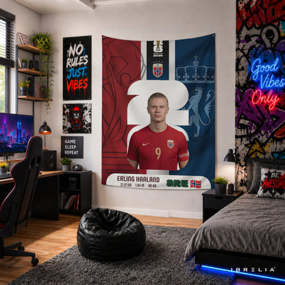 Erling Haaland Norway World Cup 2026 Wall Tapestry | Premium Heavyweight Jute Fabric Wall Hanging