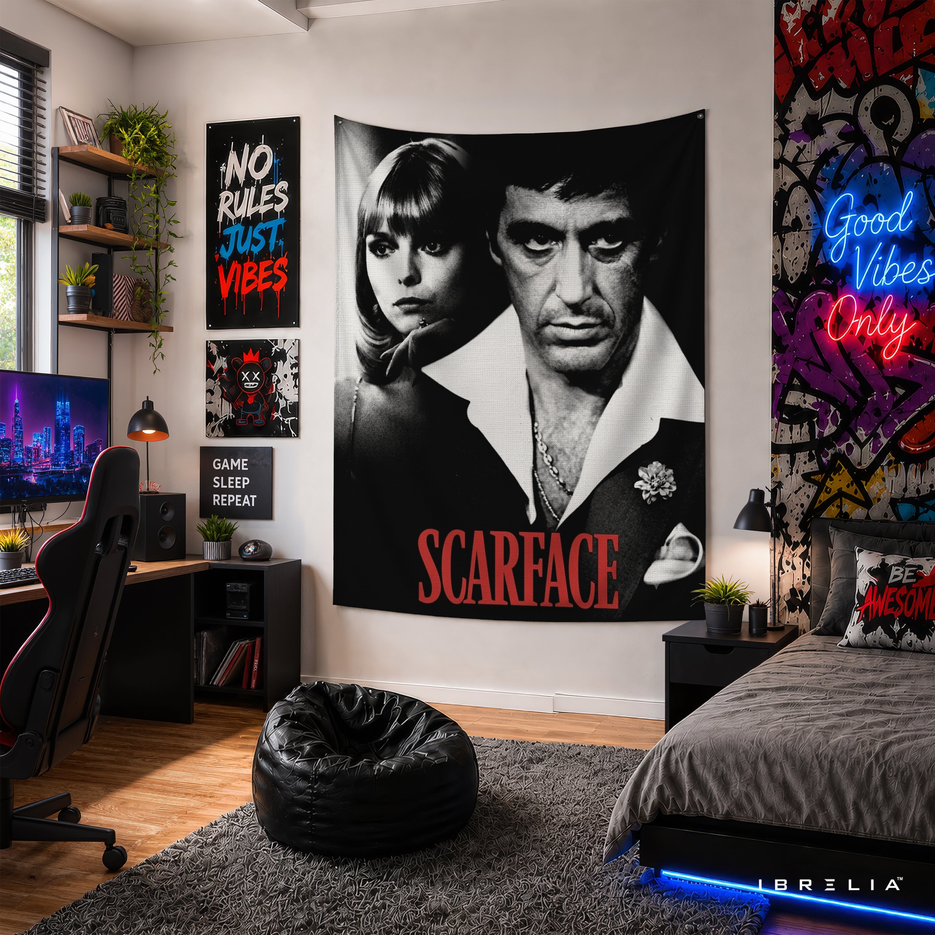 Scarface Tony Montana & Elvira Wall Tapestry – Premium Movie Wall Hanging & Home Decor in Pakistan