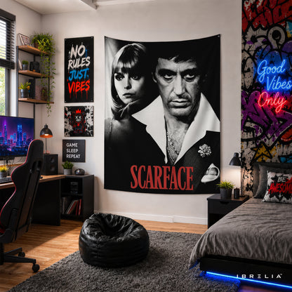 Scarface Tony Montana & Elvira Wall Tapestry – Premium Movie Wall Hanging & Home Decor in Pakistan