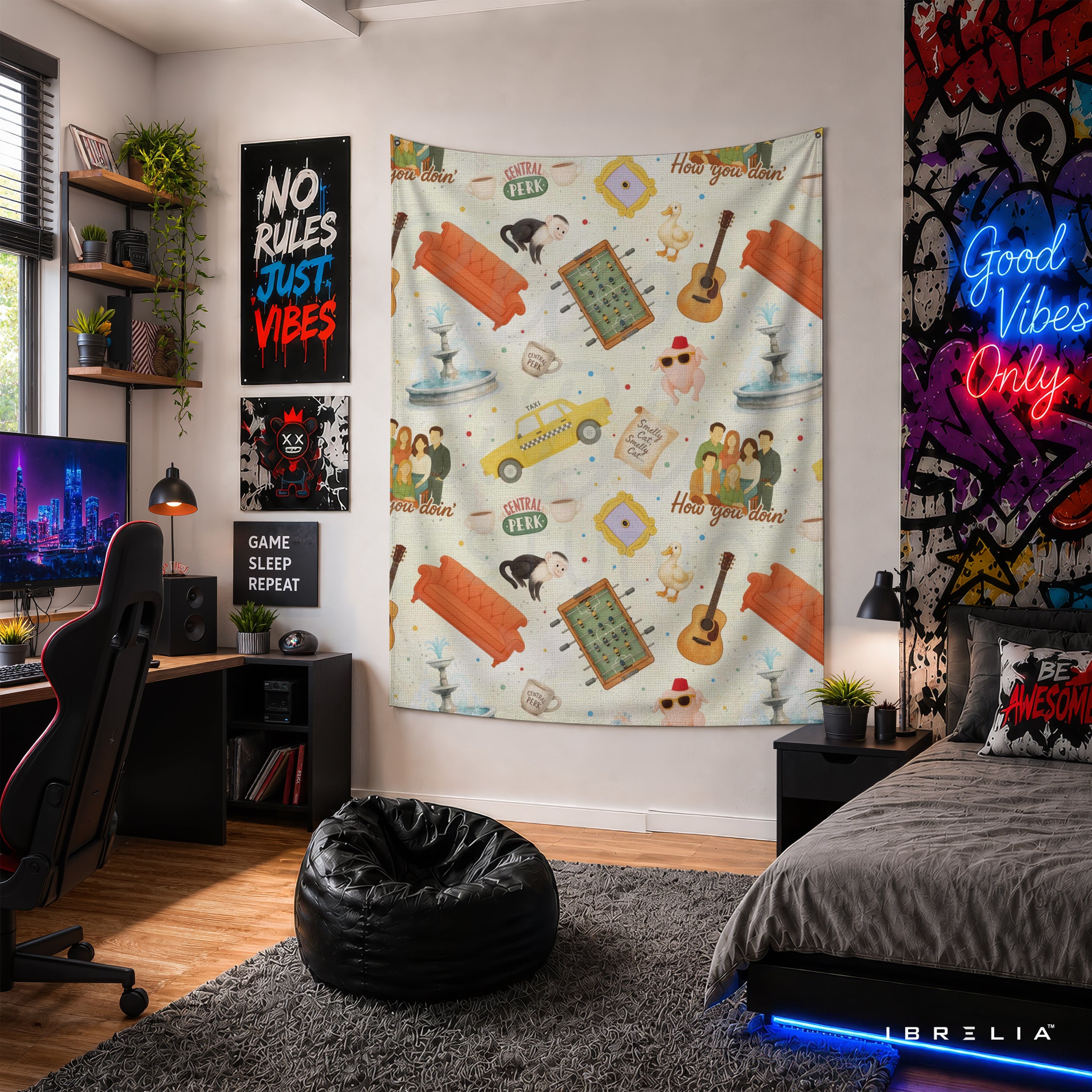Friends Icons Pattern Wall Tapestry – Central Perk Sitcom Room Decor