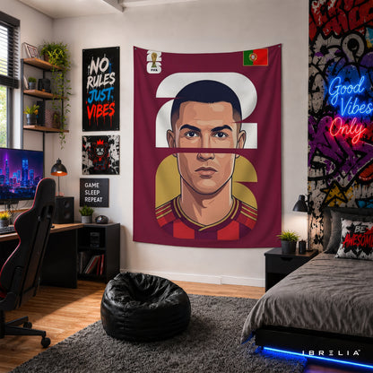 Cristiano Ronaldo Portugal Minimal Portrait Wall Tapestry | Premium Heavyweight Jute Fabric Wall Hanging