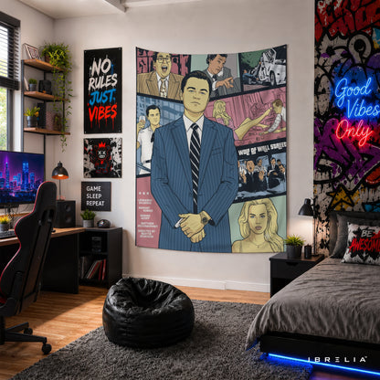 The Wolf of Wall Street Comic Style Wall Tapestry – Premium Movie Inspired Wall Hanging for Home, Office & Gaming Room