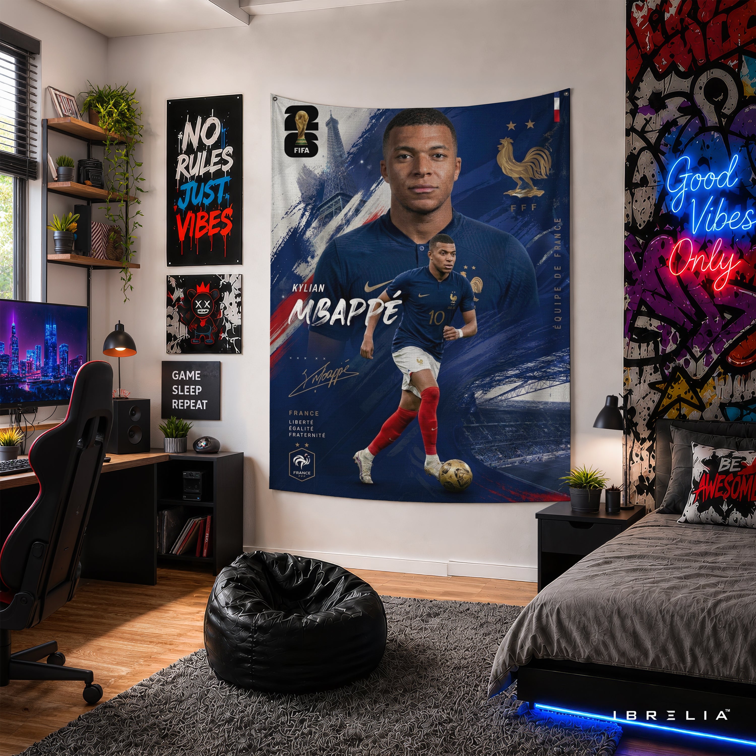 Kylian Mbappé France Champion Edition Wall Tapestry | Premium Heavyweight Jute Fabric Wall Hanging