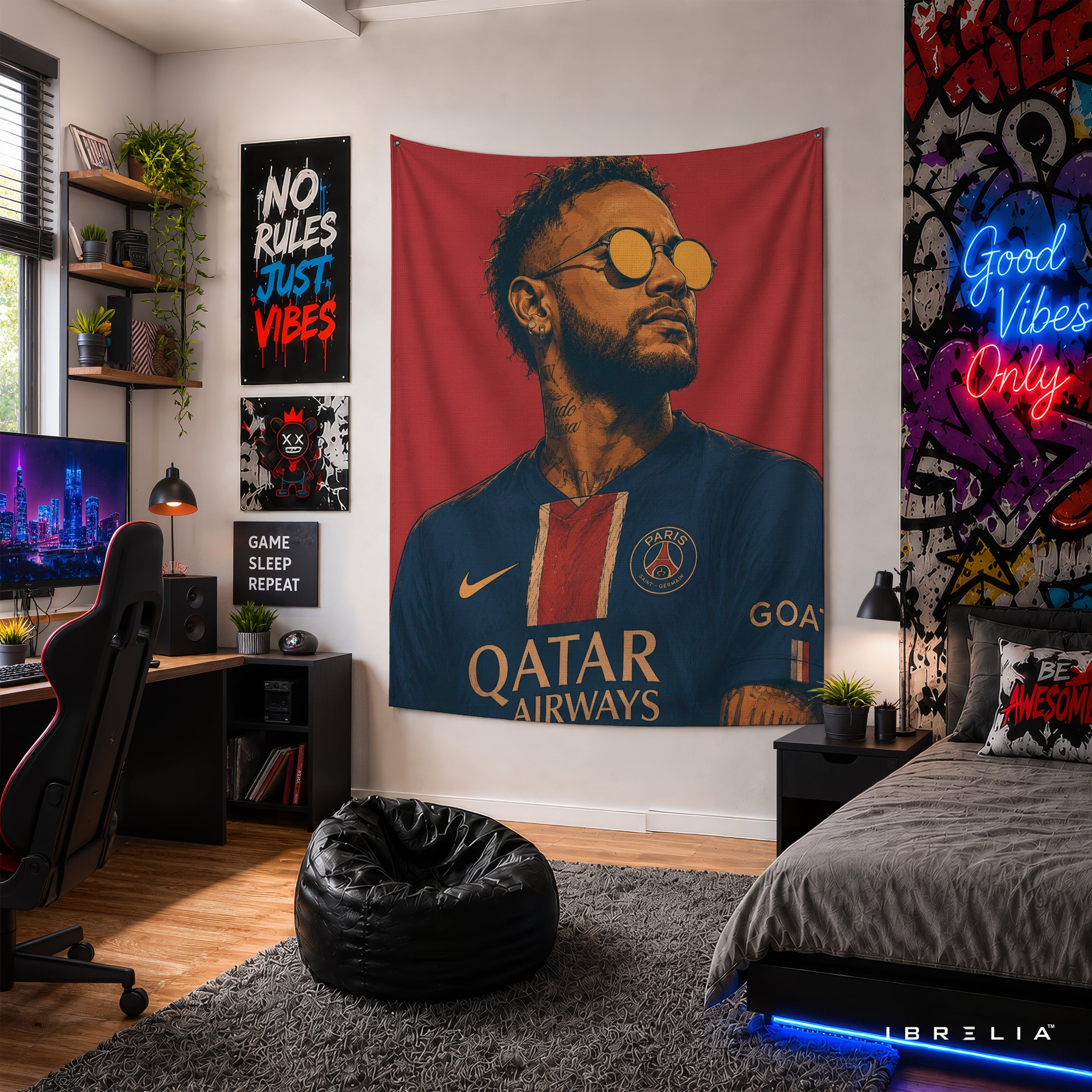 Neymar PSG Retro Portrait Wall Tapestry | Premium Heavyweight Jute Fabric Wall Hanging
