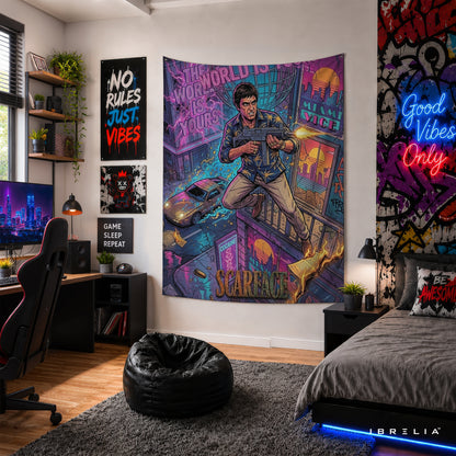 Scarface Tony Montana Neon Action Wall Tapestry – Premium Movie Wall Hanging & Home Decor in Pakistan