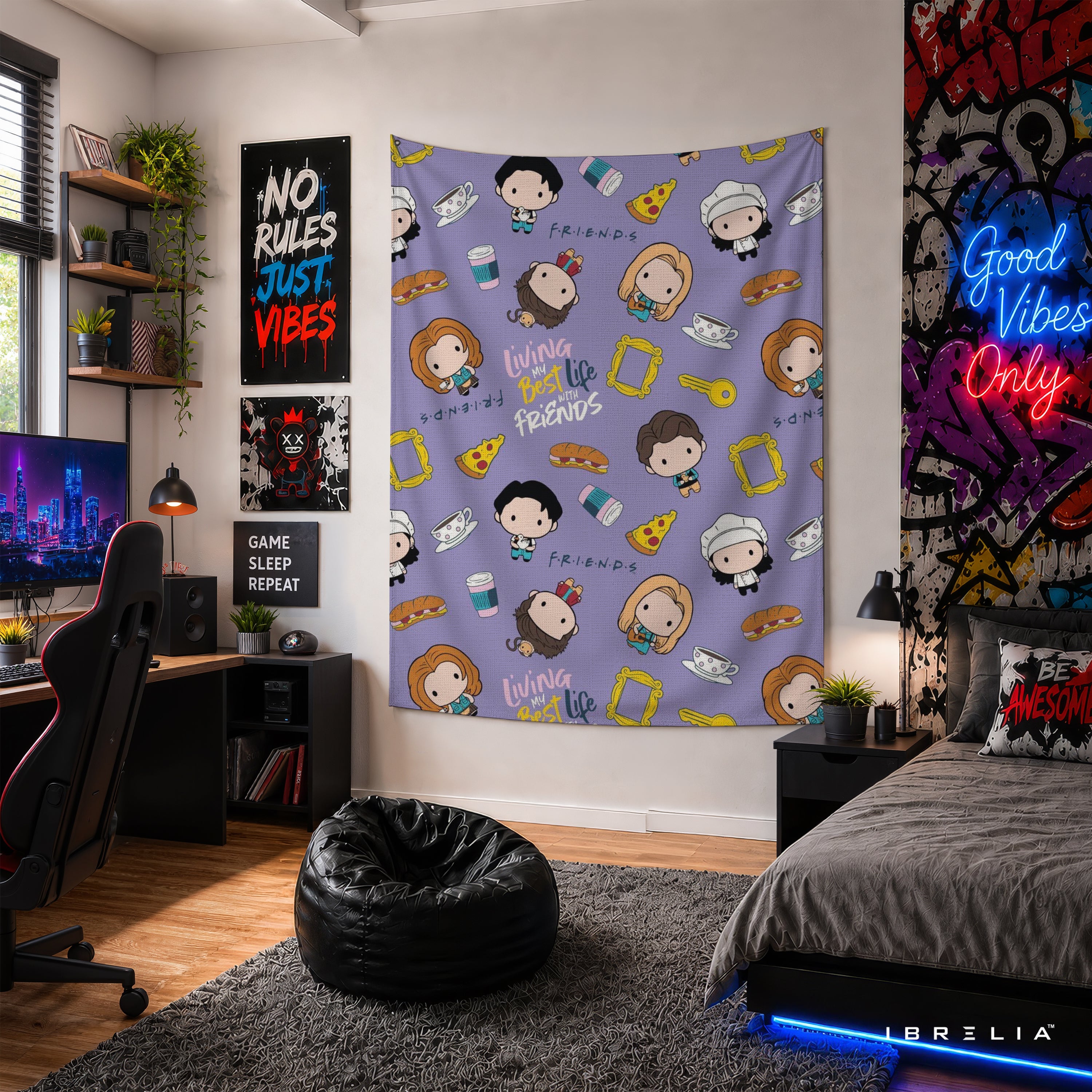 Friends Cute Cartoon Characters Wall Tapestry – Kawaii Sitcom Pattern Wall Hanging