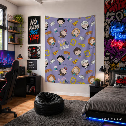 Friends Cute Cartoon Characters Wall Tapestry – Kawaii Sitcom Pattern Wall Hanging