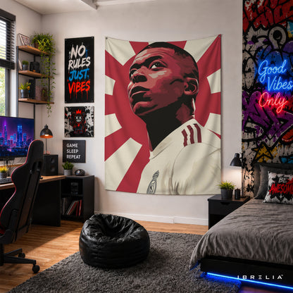 Kylian Mbappé Rising Sun Wall Tapestry | Premium Heavyweight Jute Fabric Wall Hanging