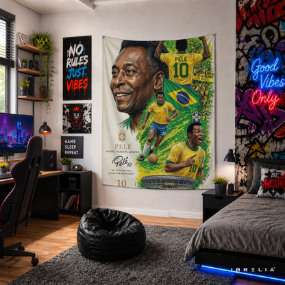 Pelé Brazil Legend Wall Tapestry | Premium Heavyweight Jute Fabric Wall Hanging