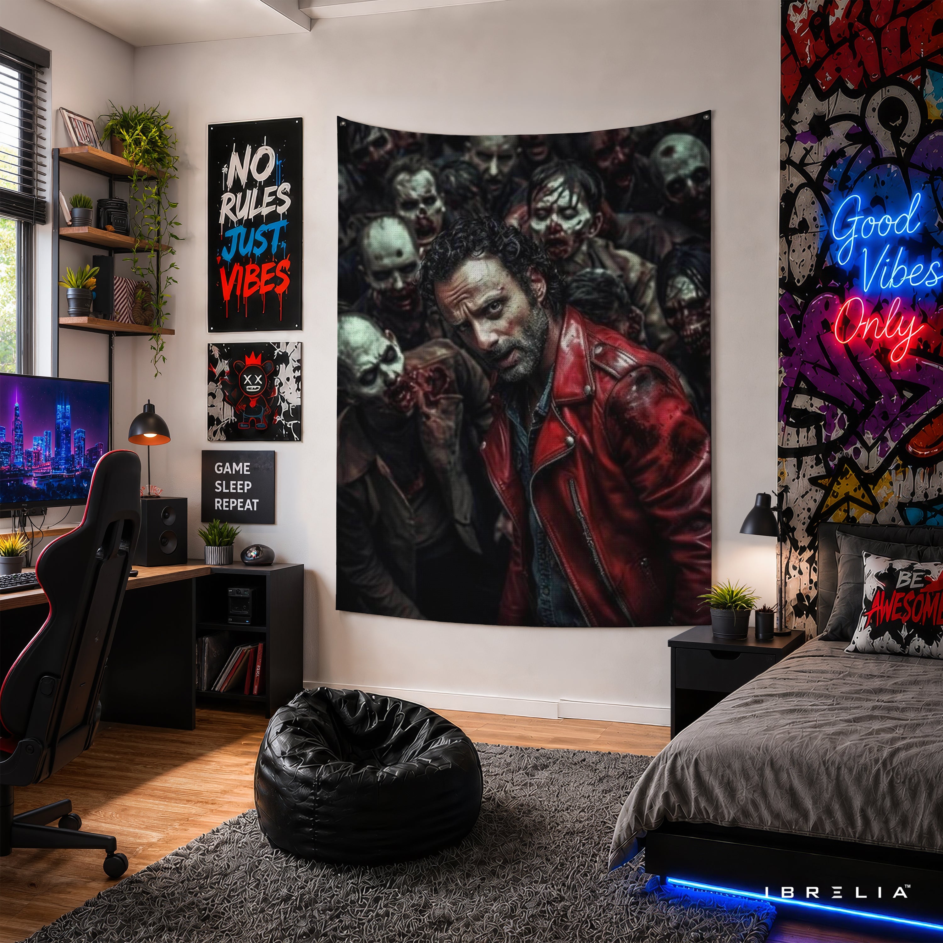 Rick Grimes Walker Horde The Walking Dead Wall Tapestry | Premium Heavyweight Jute Fabric Wall Hanging