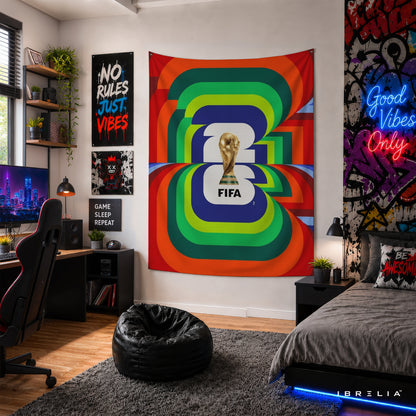 FIFA World Cup 2026 Vibrant Emblem Wall Tapestry | Premium Heavyweight Jute Fabric Wall Hanging