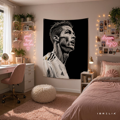 Cristiano Ronaldo Monochrome Wall Tapestry | Premium Heavyweight Jute Fabric Wall Hanging