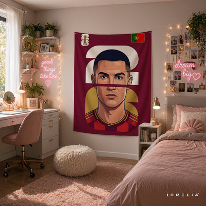Cristiano Ronaldo Portugal Minimal Portrait Wall Tapestry | Premium Heavyweight Jute Fabric Wall Hanging