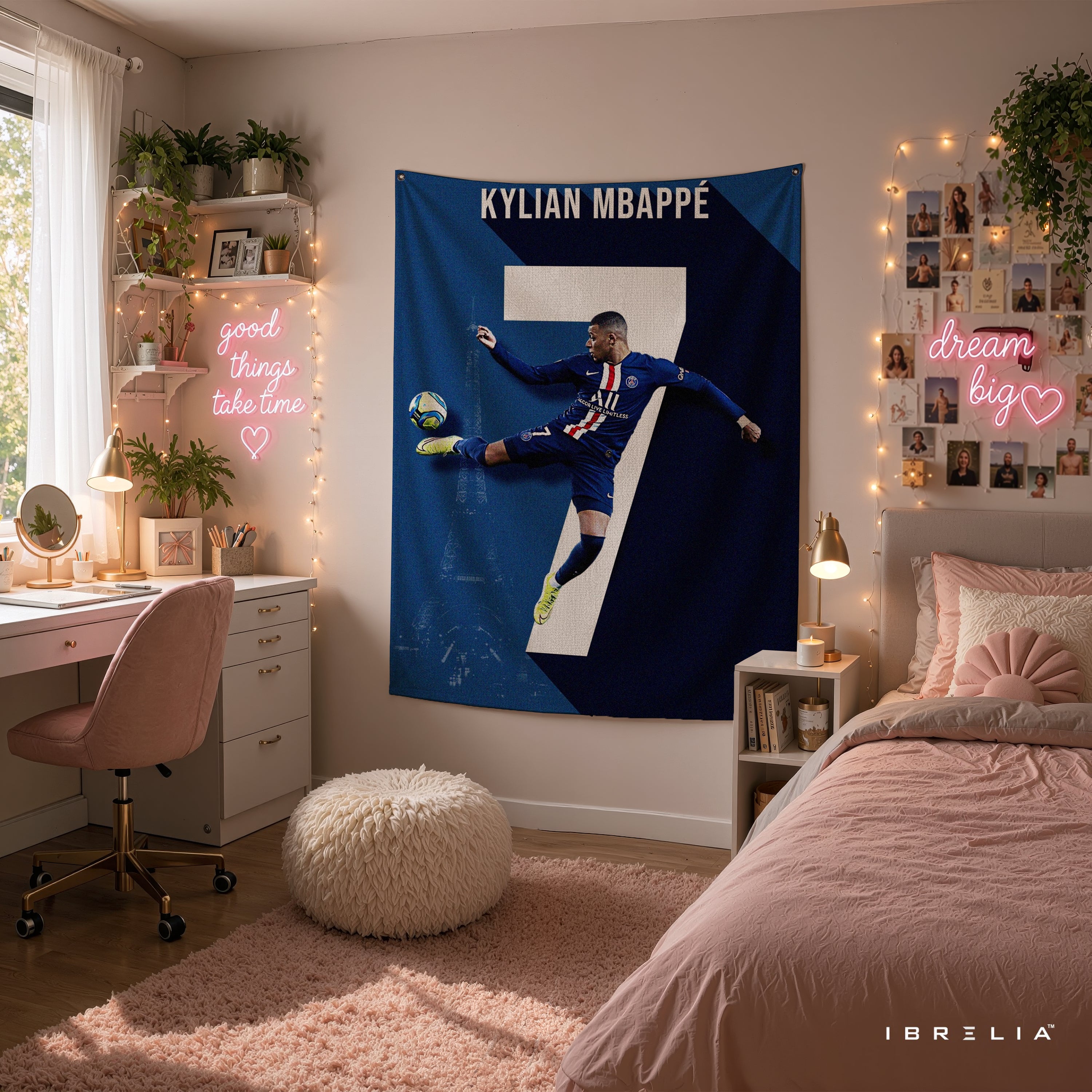 Kylian Mbappé Number 7 PSG Wall Tapestry | Premium Heavyweight Jute Fabric Wall Hanging