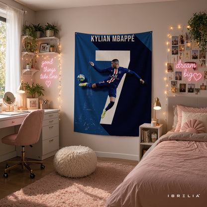 Kylian Mbappé Number 7 PSG Wall Tapestry | Premium Heavyweight Jute Fabric Wall Hanging