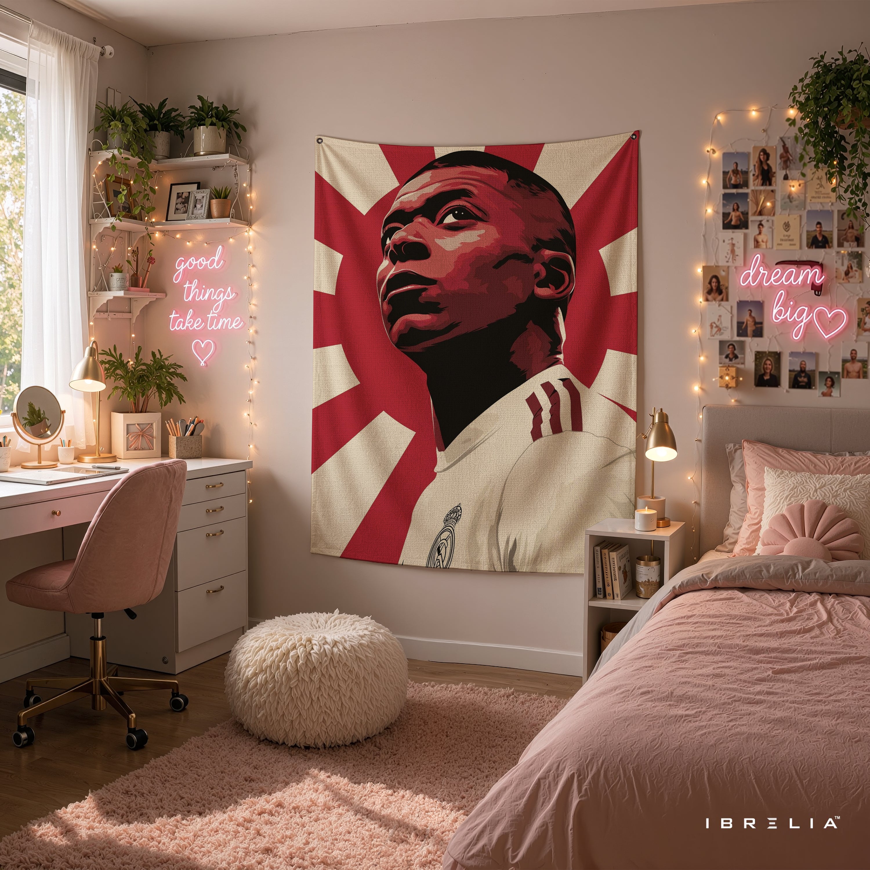 Kylian Mbappé Rising Sun Wall Tapestry | Premium Heavyweight Jute Fabric Wall Hanging