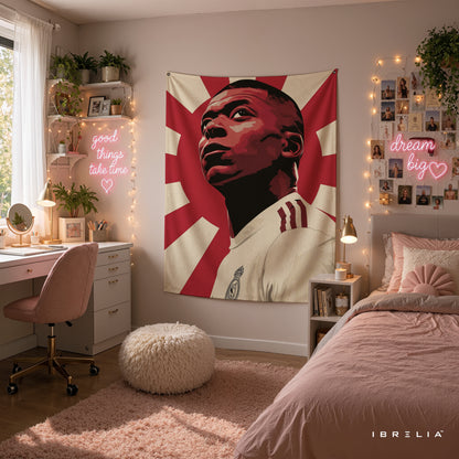 Kylian Mbappé Rising Sun Wall Tapestry | Premium Heavyweight Jute Fabric Wall Hanging