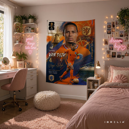 Virgil van Dijk Netherlands Champion Edition Wall Tapestry | Premium Heavyweight Jute Fabric Wall Hanging