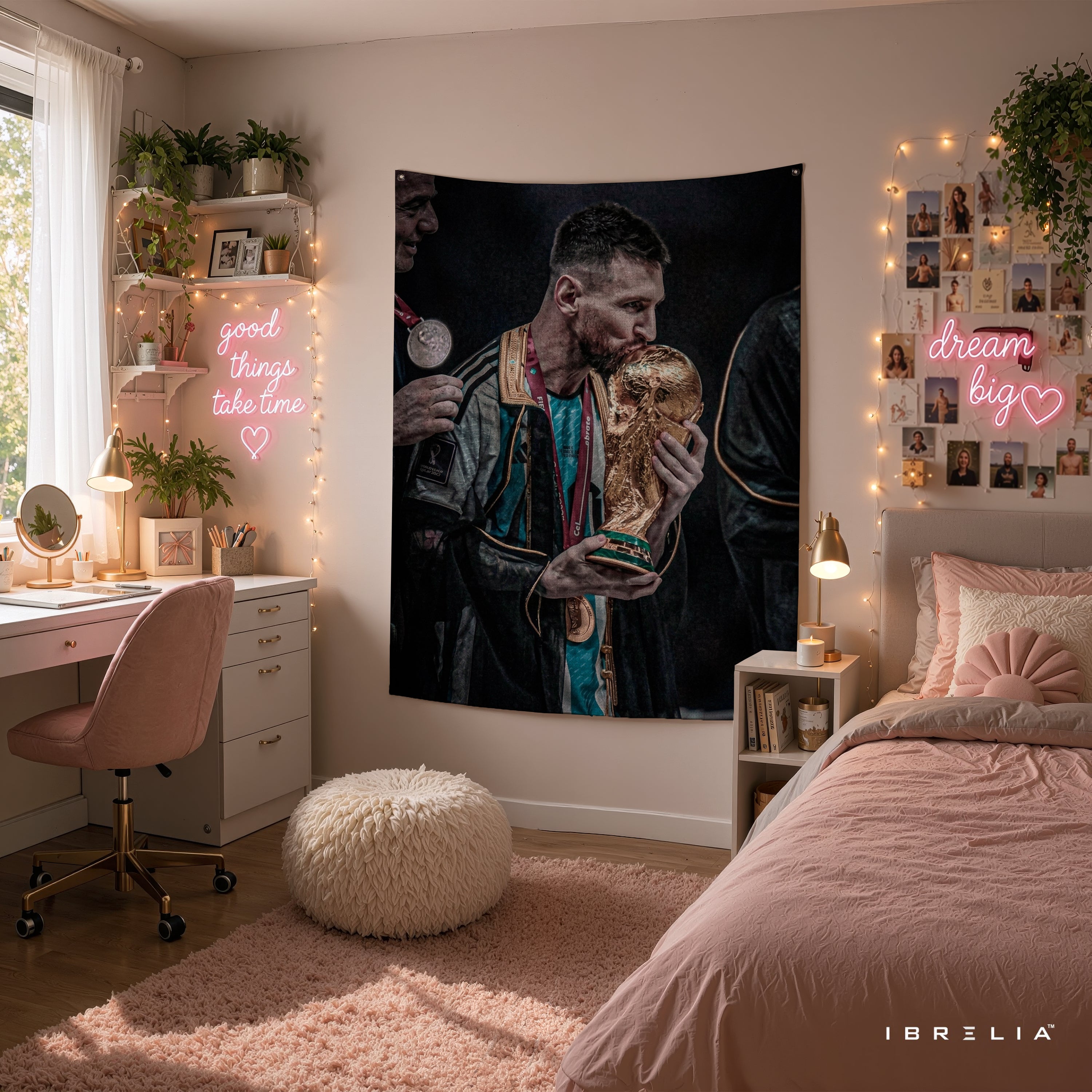 Lionel Messi World Cup Kiss Wall Tapestry | Premium Heavyweight Jute Fabric Wall Hanging