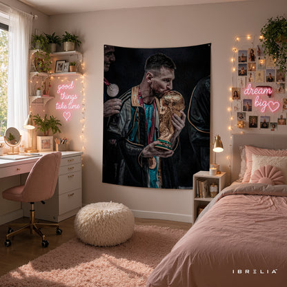 Lionel Messi World Cup Kiss Wall Tapestry | Premium Heavyweight Jute Fabric Wall Hanging