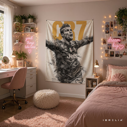 Cristiano Ronaldo CR7 Juventus Wall Tapestry | Premium Heavyweight Jute Fabric Wall Hanging