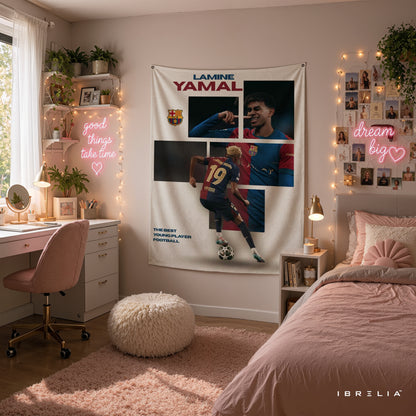 Lamine Yamal FC Barcelona Collage Wall Tapestry | Premium Heavyweight Jute Fabric Wall Hanging
