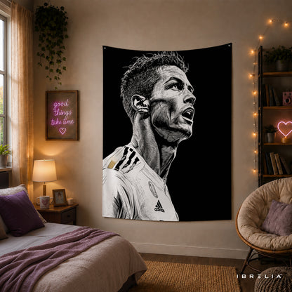 Cristiano Ronaldo Monochrome Wall Tapestry | Premium Heavyweight Jute Fabric Wall Hanging