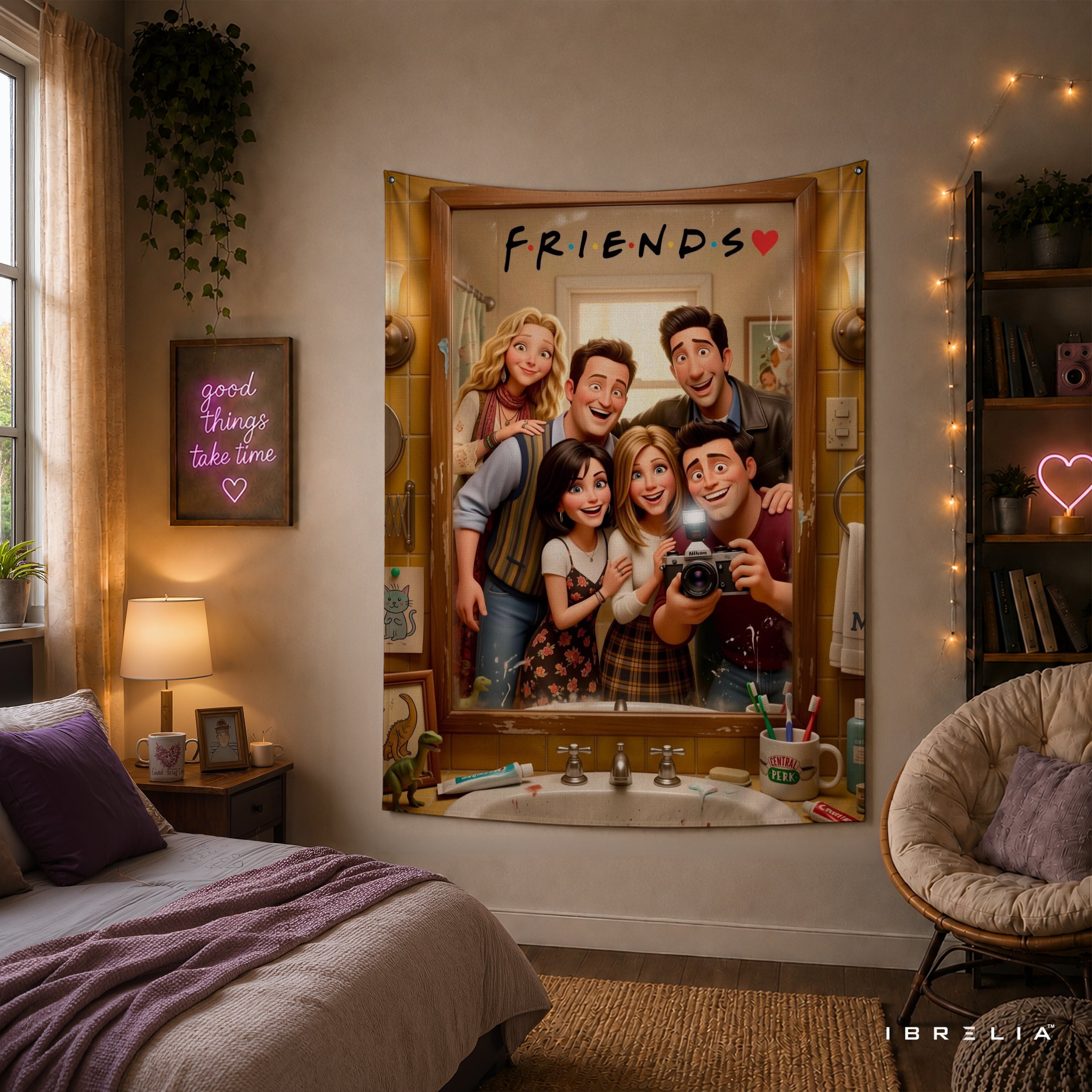 Friends Cartoon Mirror Selfie Wall Tapestry – Cute Animated Friends Wall Hanging