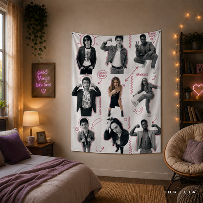 Stranger Things Character Sketch Wall Tapestry – Retro Hawkins Collage Wall Hanging