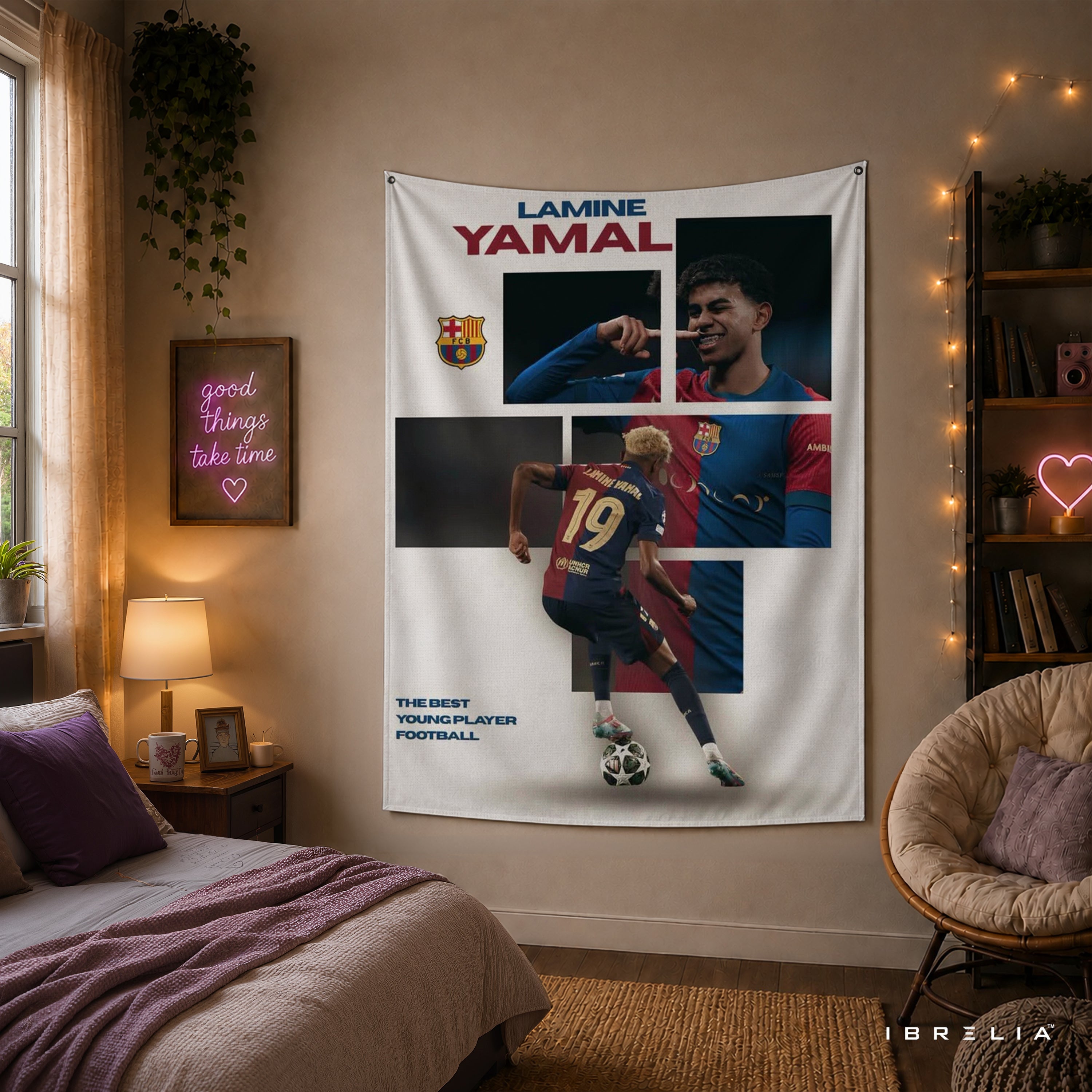 Lamine Yamal FC Barcelona Collage Wall Tapestry | Premium Heavyweight Jute Fabric Wall Hanging