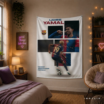 Lamine Yamal FC Barcelona Collage Wall Tapestry | Premium Heavyweight Jute Fabric Wall Hanging