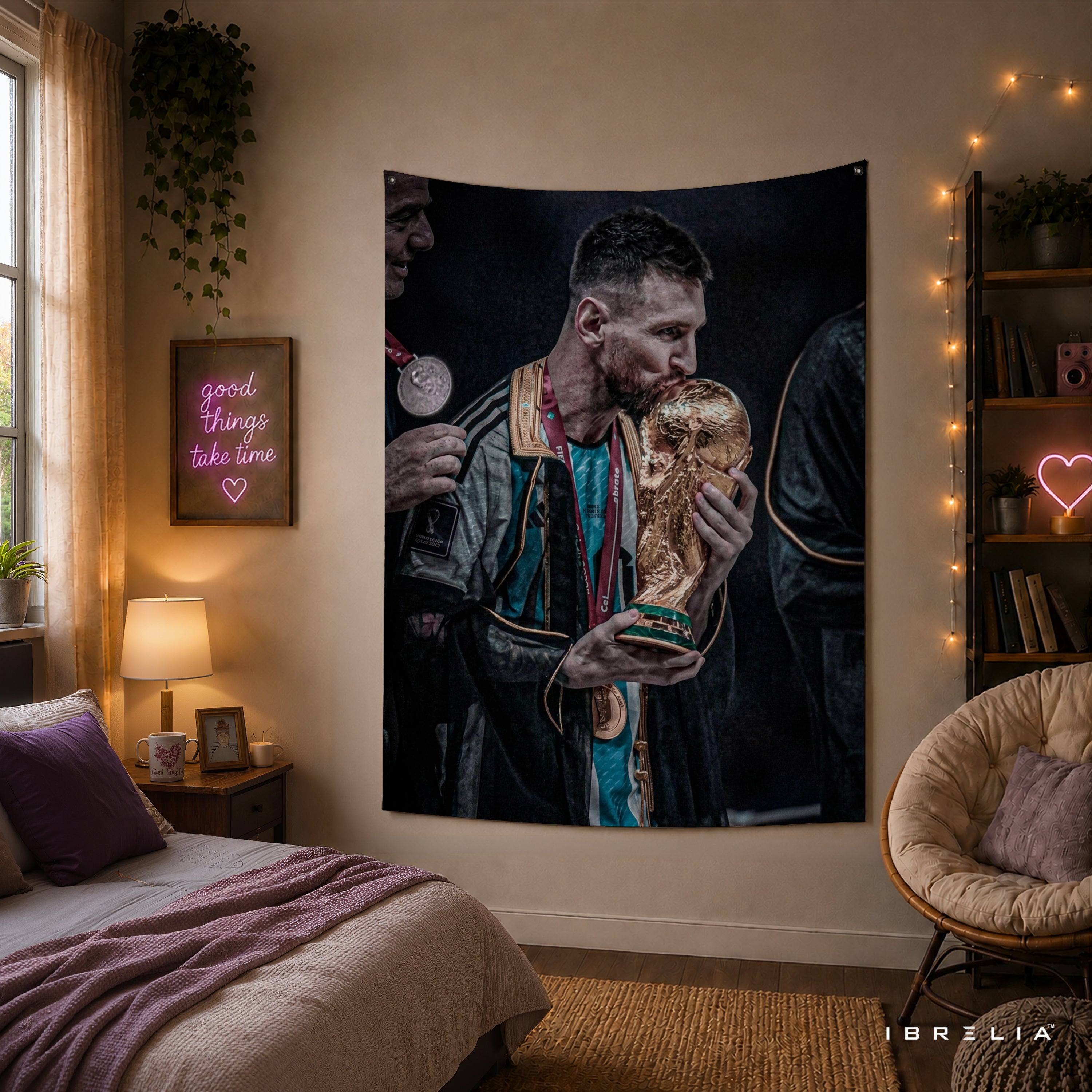 Lionel Messi World Cup Kiss Wall Tapestry | Premium Heavyweight Jute Fabric Wall Hanging