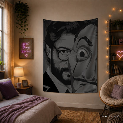 The Professor & Salvador Dalí Mask Wall Tapestry | Premium Heavyweight Jute Fabric Wall Hanging