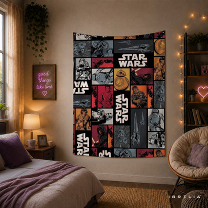 Star Wars Comic Collage Wall Tapestry – Vintage Sci-Fi Character Wall Hanging