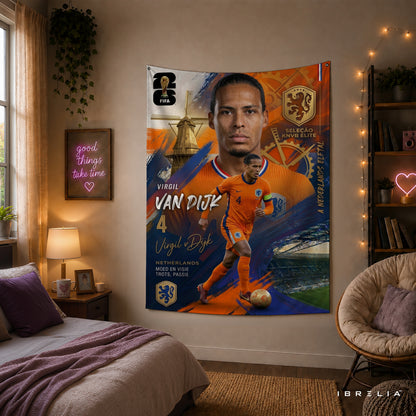 Virgil van Dijk Netherlands Champion Edition Wall Tapestry | Premium Heavyweight Jute Fabric Wall Hanging
