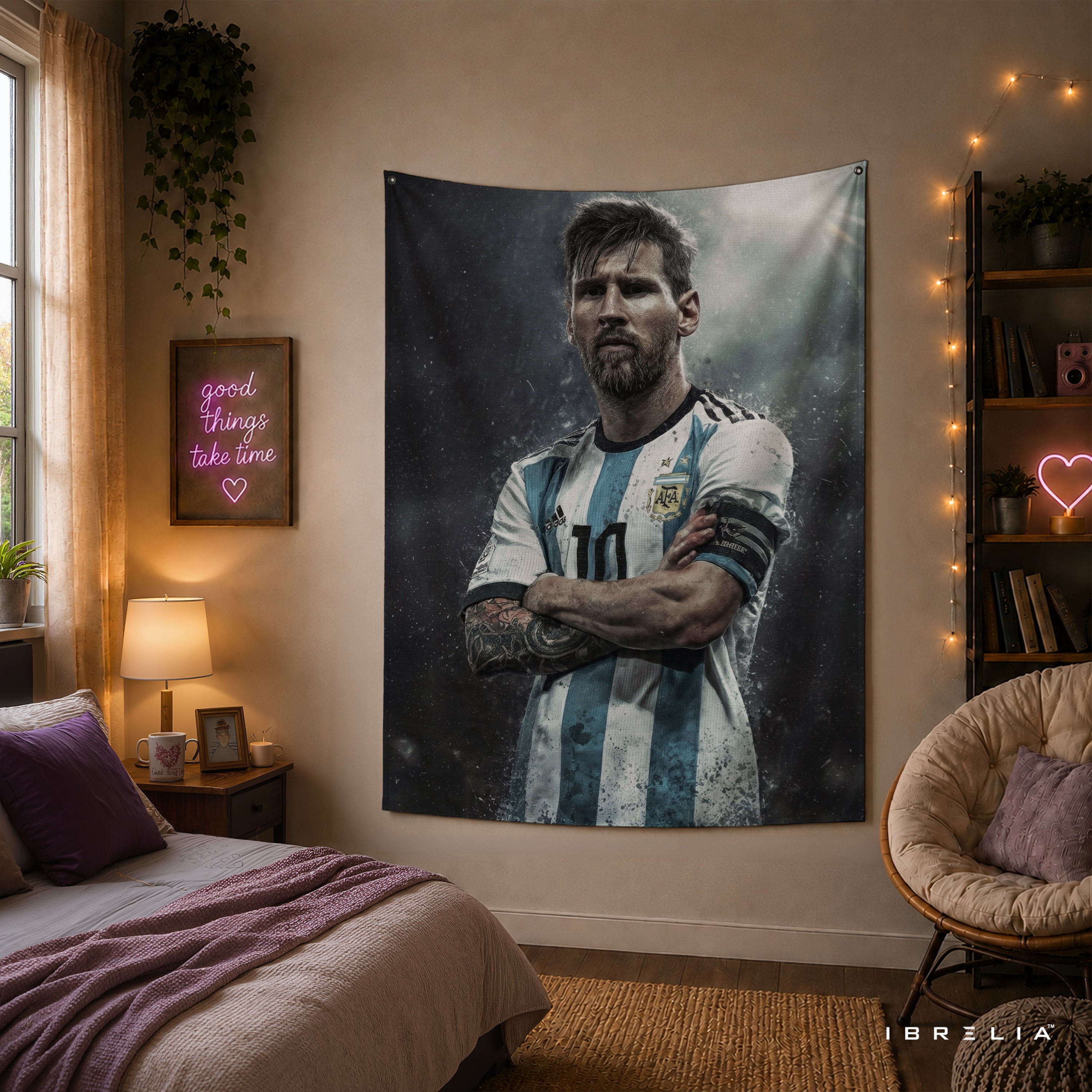 Lionel Messi Argentina Captain Wall Tapestry | Premium Heavyweight Jute Fabric Wall Hanging