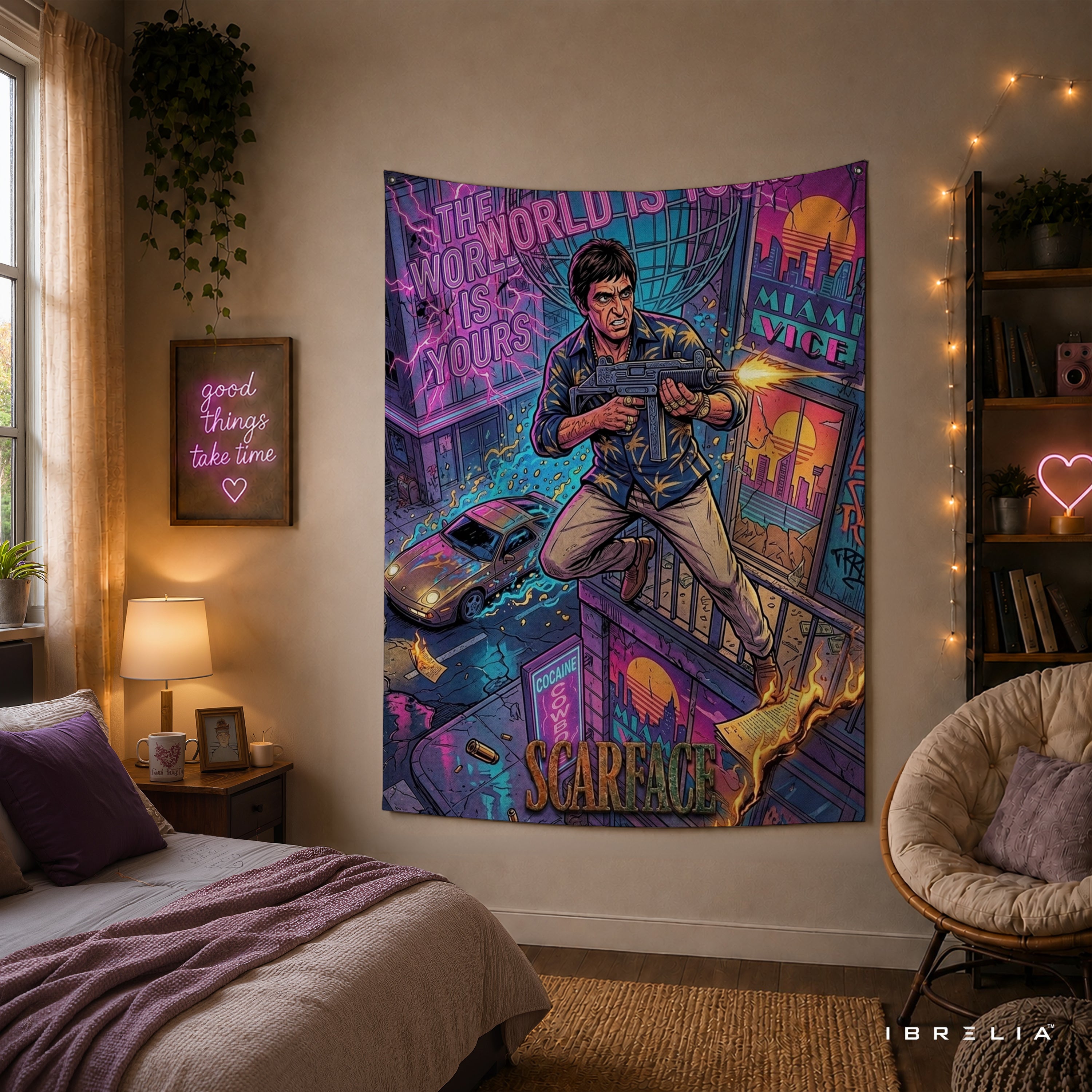 Scarface Tony Montana Neon Action Wall Tapestry – Premium Movie Wall Hanging & Home Decor in Pakistan