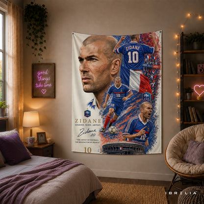 Zinedine Zidane France Legend Wall Tapestry | Premium Heavyweight Jute Fabric Wall Hanging