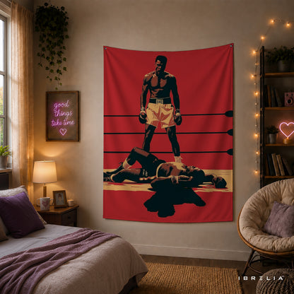 Muhammad Ali Iconic Knockout Wall Tapestry | Premium Heavyweight Jute Fabric Wall Hanging