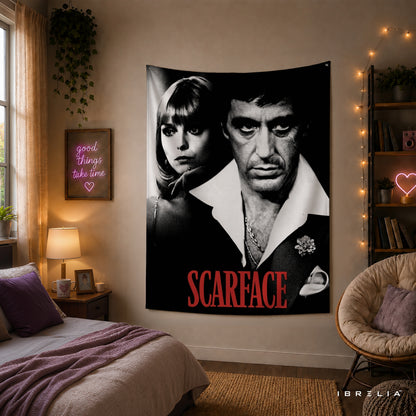 Scarface Tony Montana & Elvira Wall Tapestry – Premium Movie Wall Hanging & Home Decor in Pakistan